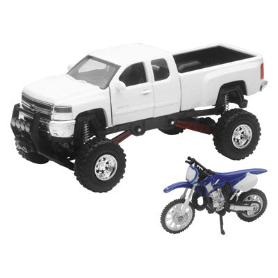 NEW RAY DIE-CAST WHITE CHEVY SILVERADO 4X4 WITH YAMAHA DIRT BIKE