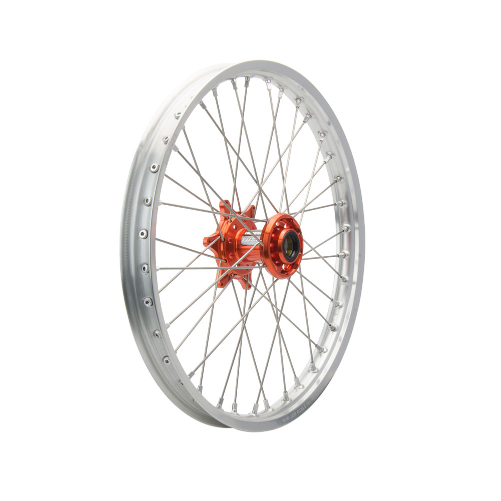 Tusk Impact Complete Front/Rear Wheel Package 1.60 x 21 / 2.15 x 18 Silver Rim/Silver Spoke/Orange Hub