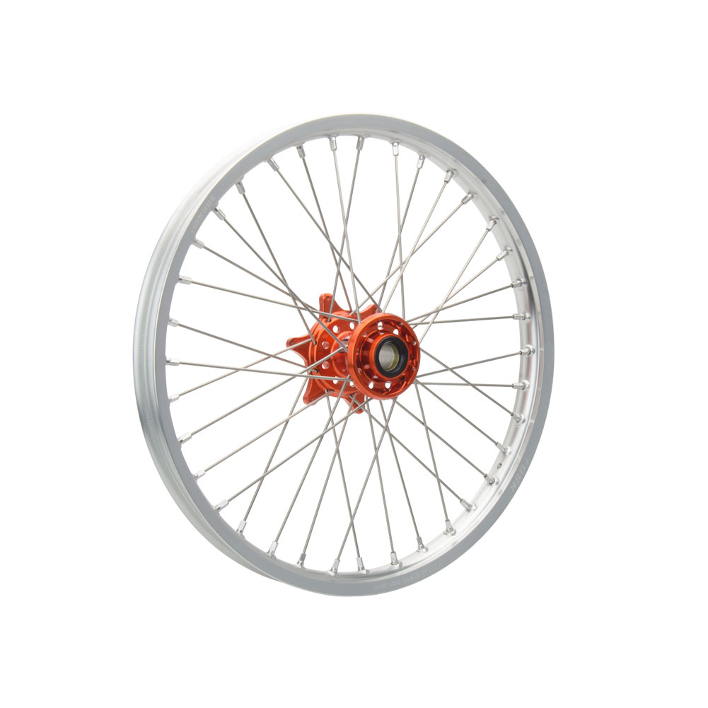 Tusk Impact Complete Front/Rear Wheel Package 1.60 x 21 / 2.15 x 18 Silver Rim/Silver Spoke/Orange Hub