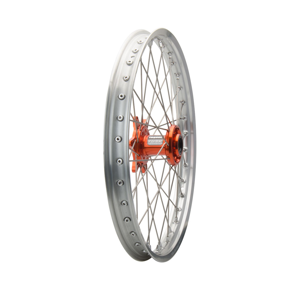 Tusk Impact Complete Front/Rear Wheel Package 1.60 x 21 / 2.15 x 18 Silver Rim/Silver Spoke/Orange Hub