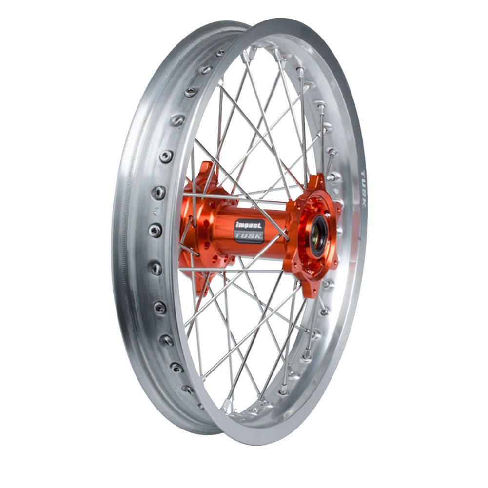 Tusk Impact Complete Front/Rear Wheel Package 1.60 x 21 / 2.15 x 18 Silver Rim/Silver Spoke/Orange Hub