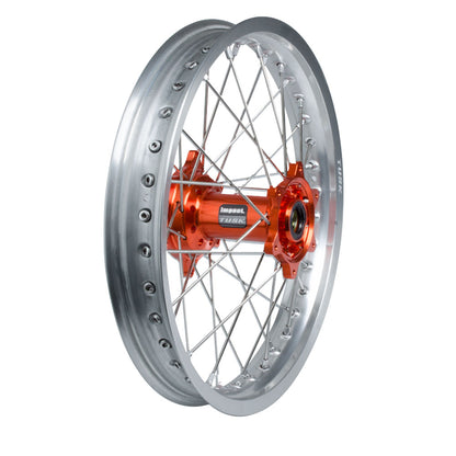 Tusk Impact Complete Front/Rear Wheel Package 1.60 x 21 / 2.15 x 18 Silver Rim/Silver Spoke/Orange Hub
