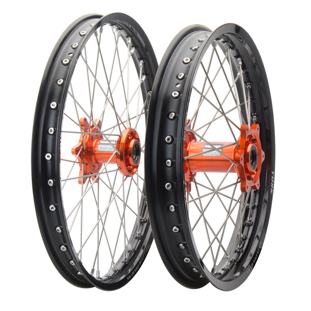 Tusk Impact Complete Front and Rear Wheel 1.60 x 21 / 2.15 x 18 Silver Rim/Silver Spoke/Orange Hub
