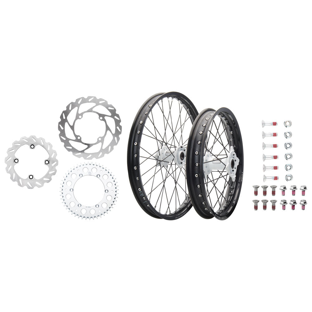 Tusk Impact Complete Front/Rear Wheel Package 1.60 x 21 / 2.15 x 18 Silver Rim/Silver Spoke/Orange Hub