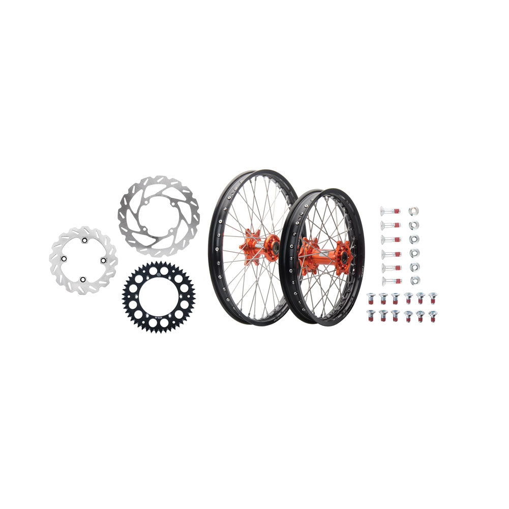 Tusk Impact Complete Front/Rear Wheel Package 1.60 x 21 / 2.15 x 18 Silver Rim/Silver Spoke/Orange Hub
