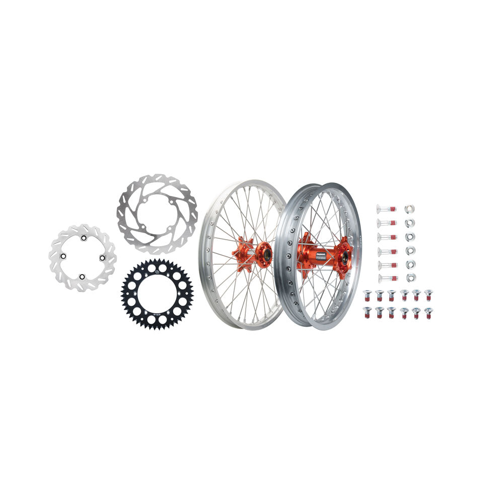 Tusk Impact Complete Front/Rear Wheel Package 1.60 x 21 / 2.15 x 18 Silver Rim/Silver Spoke/Orange Hub