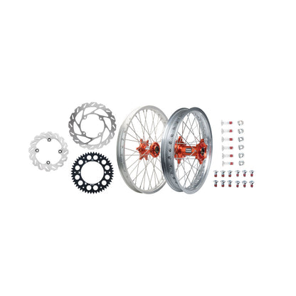 Tusk Impact Complete Front/Rear Wheel Package 1.60 x 21 / 2.15 x 18 Silver Rim/Silver Spoke/Orange Hub