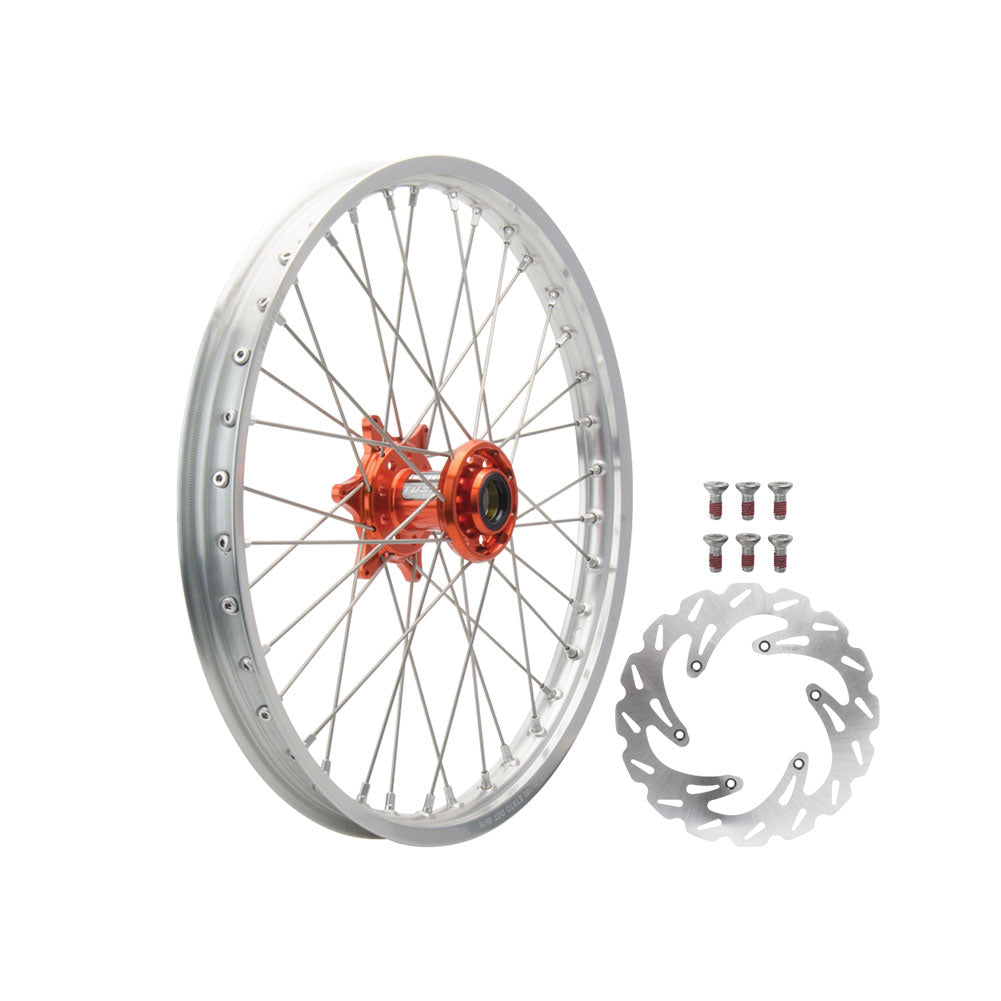 Tusk Impact Complete Front Wheel Package 21 x 1.60 Silver Rim/Silver Spoke/Orange Hub