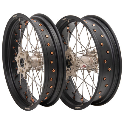 Tusk Impact Supermoto Complete Front and Rear Wheel Set 3.50 x 17 / 4.25 x 17 Matte Black Rim/Silver Spoke/Magnesium Hub/Magnesium Nipple