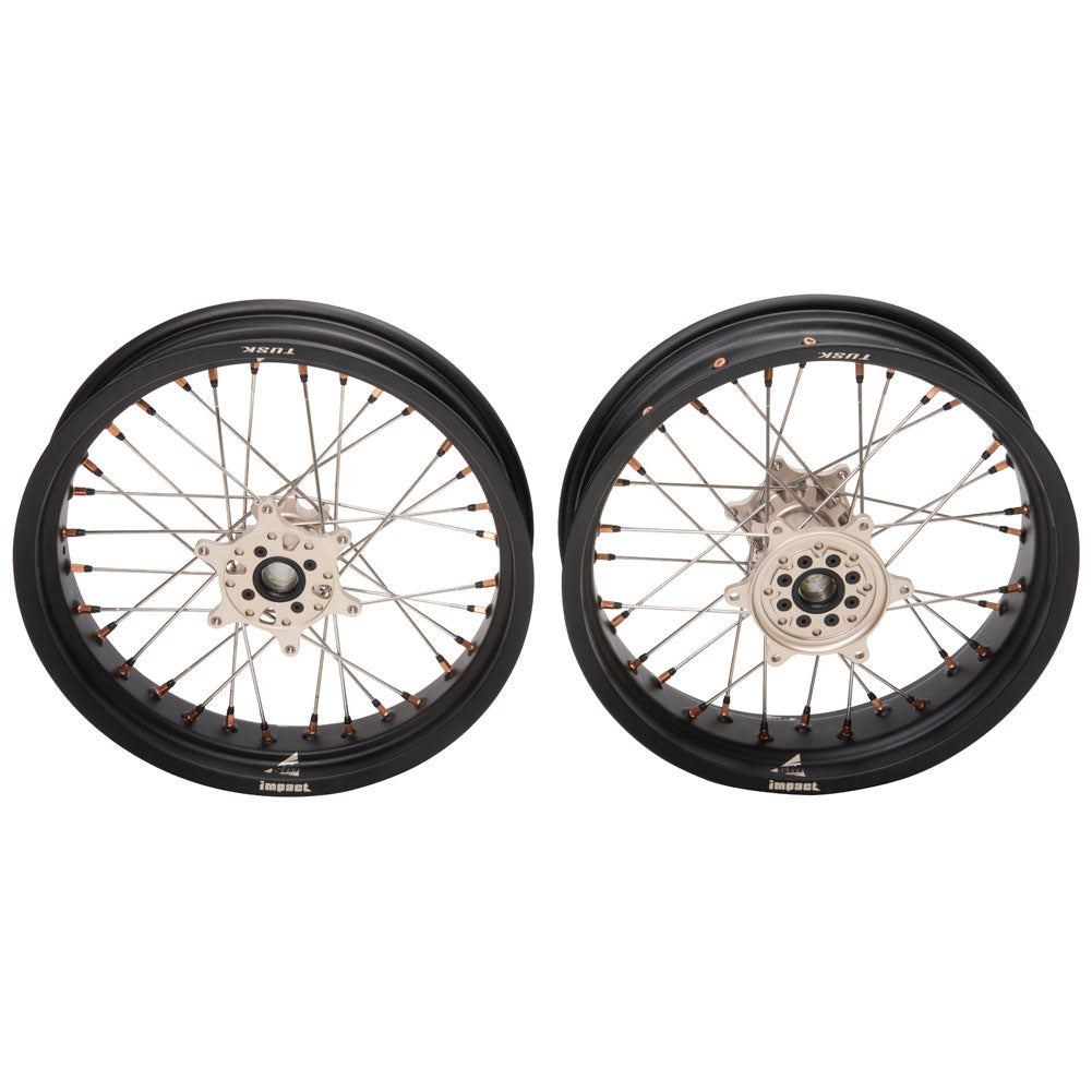 Tusk Impact Supermoto Complete Front and Rear Wheel Set 3.50 x 17 / 4.25 x 17 Matte Black Rim/Silver Spoke/Magnesium Hub/Magnesium Nipple
